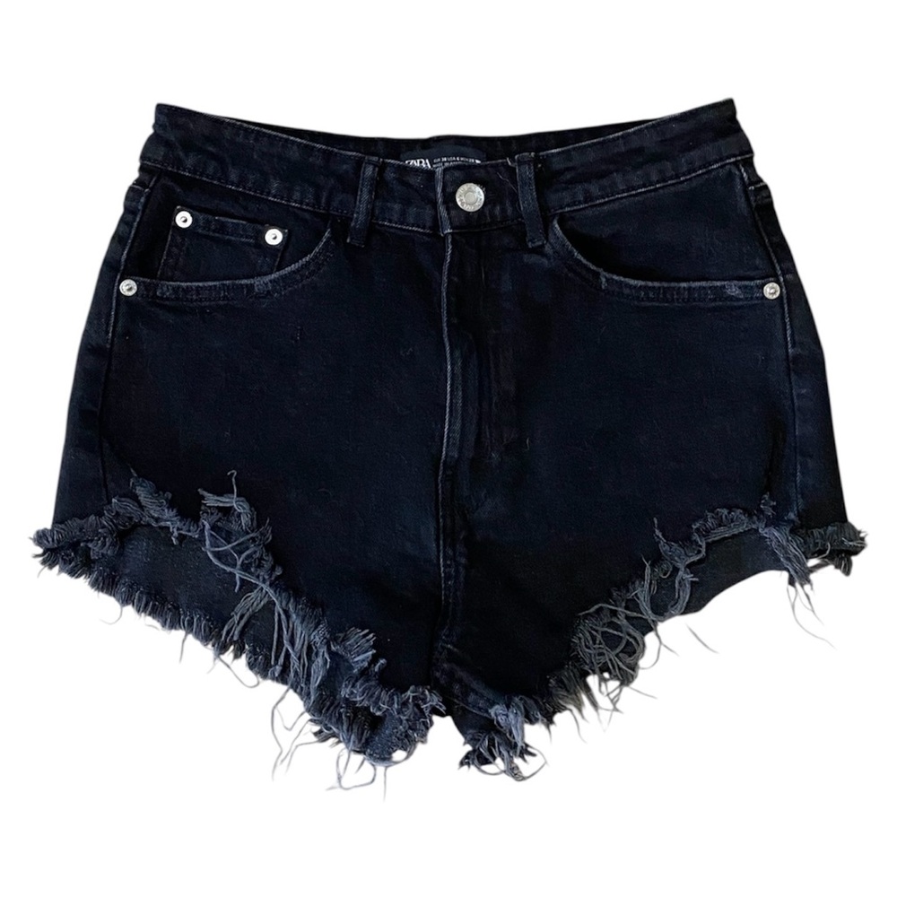ZARA Women’s High Rise Black Denim Frayed Shorts Size 6